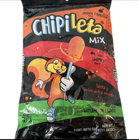 Chipileta Mix  Flavor Lolipops - orange, watermelon, chamoy  30 Pieces  Snack Candy