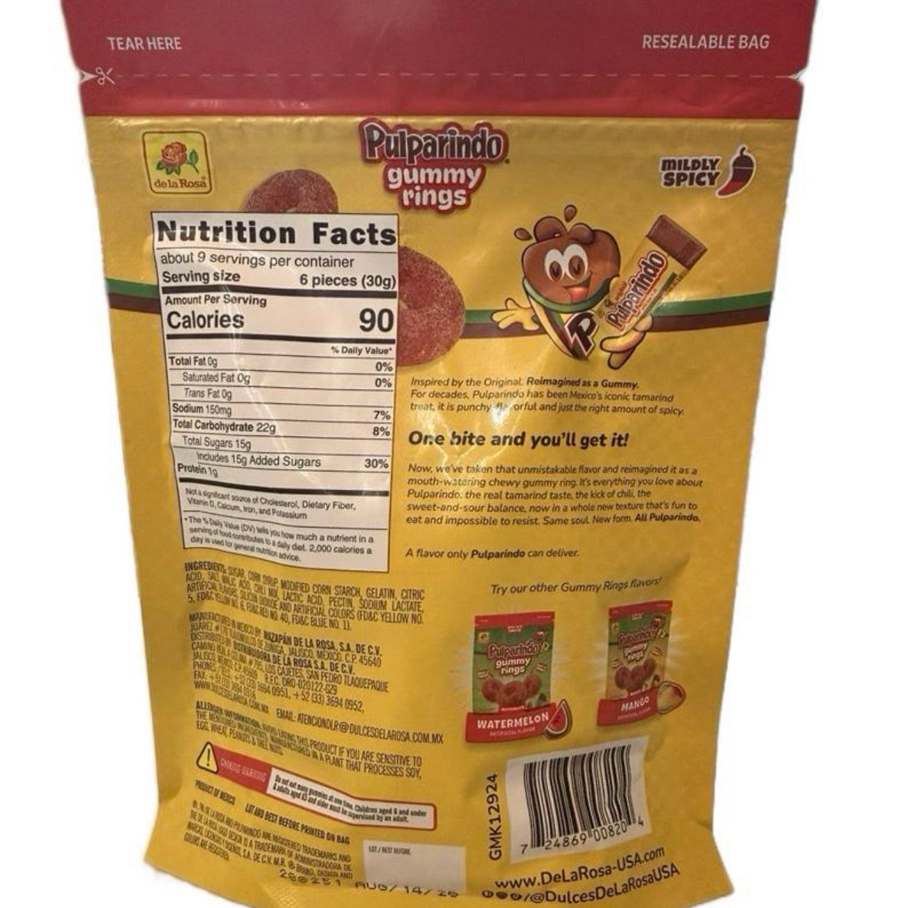 Pulparindo Gummy Rings Mango / Watermelon / Tamarindo Flavored Bite-Size Snack Soft & Chewy Mildly Spicy 9 oz