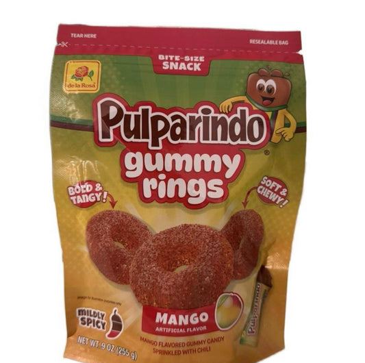 Pulparindo Gummy Rings Mango / Watermelon / Tamarindo Flavored Bite-Size Snack Soft & Chewy Mildly Spicy 9 oz