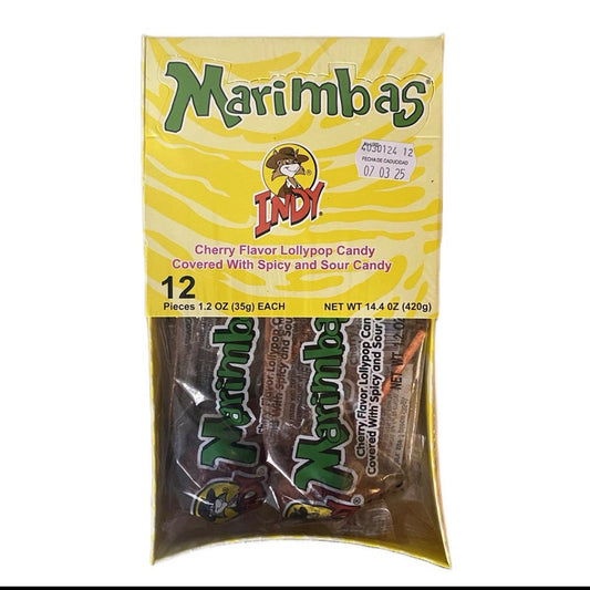 Marimbas Indy Cherry Flavor Lollypop Candy Covered with Spicy and Sour Powder 12 Pieces Sweet Snack Bonbon